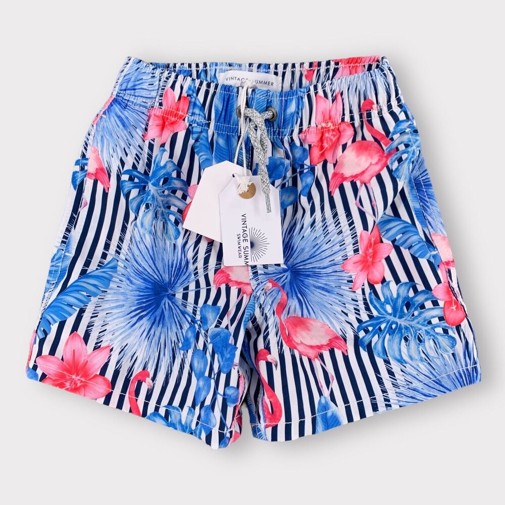 VINTAGE SUMMER SWIMWEAR Trunks 4 Blue Pink Flamingo Floral 4